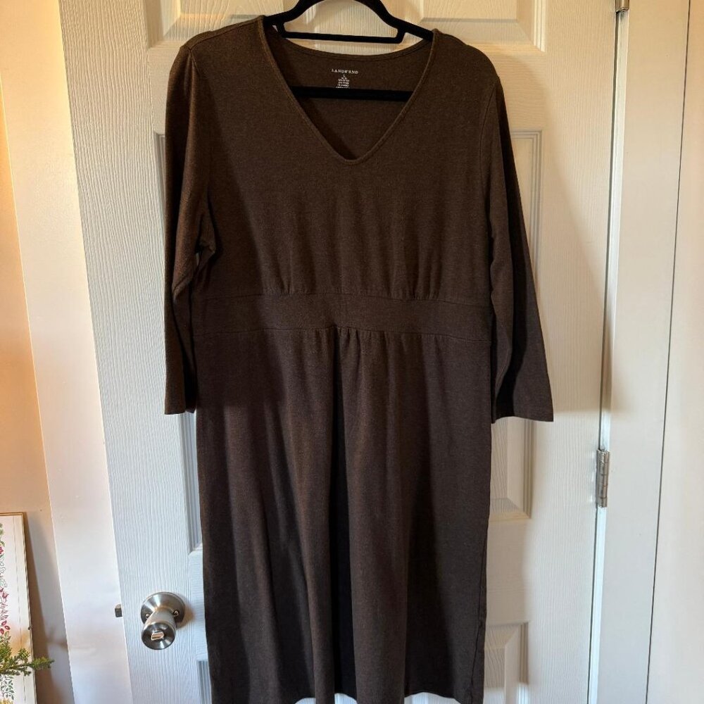 Lands' End, Women's Empire Waist Long Sleeve Midi Dress, Brown, Large